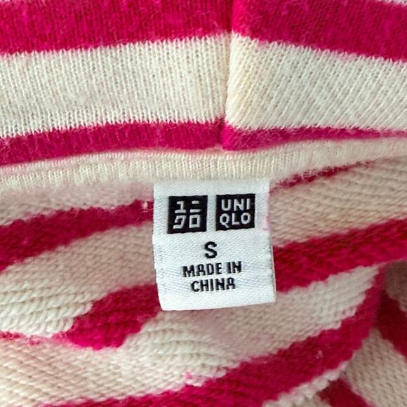Uniqlo Hoodie Womens Small Pink White Striped Cotton Blend Terry Lined Zip Up - Picture 6 of 12